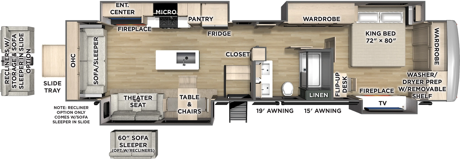 The Puma Grand Mesa 393RL floorplan has one entry and four slide outs. Exterior features include: fiberglass exterior and 19' & 15' awning. Interiors features include: kitchen island, free-standing dinette option, front bedroom and rear living.